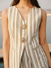 Linen & Cotton Metal Detail V Neck Striped Vest Vests