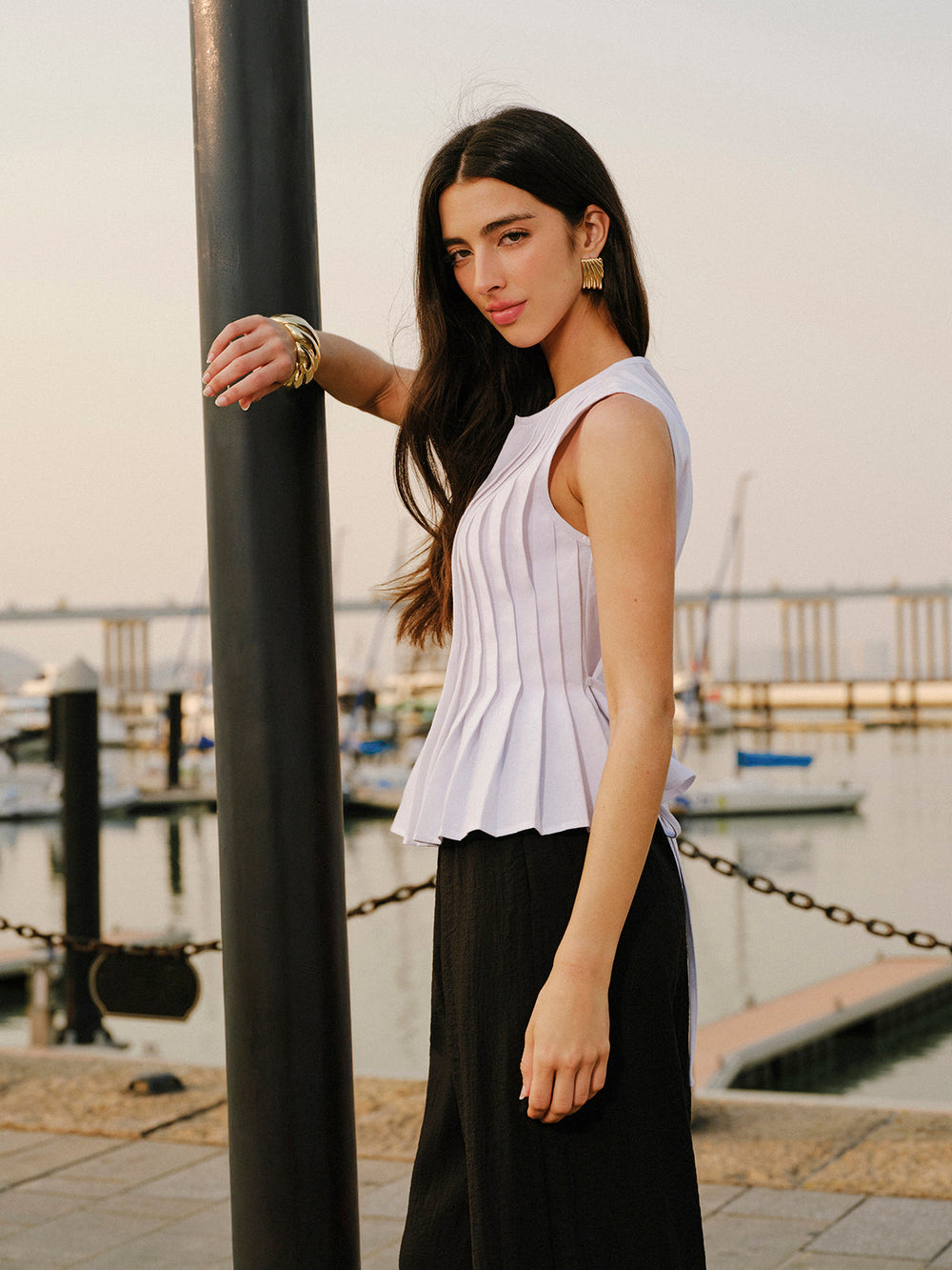 Cotton & Linen Pleated Back Tie Top Tank Tops & Camis