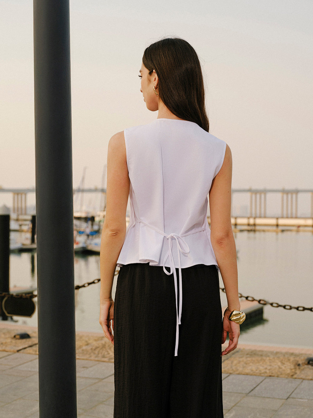 Cotton & Linen Pleated Back Tie Top Tank Tops & Camis