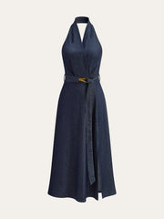 Denim Belted Halter Neck Midi Dress Denim Dresses