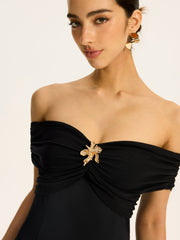 Semi Sheer Off Shoulder Ruched Mesh Paneled Maxi Dress Dresses