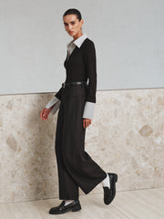 Mock Two Piece Long Sleeve Two Tone Polo Top Blouses