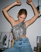 Metallic Mesh Rhinestone Off Shoulder Tank Top