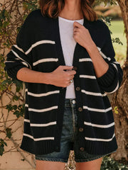 Striped V Neck Knit Cardigan Black / S
