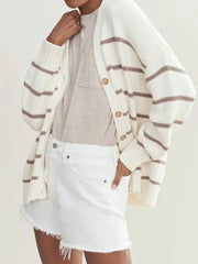Striped V Neck Knit Cardigan Khaki / S