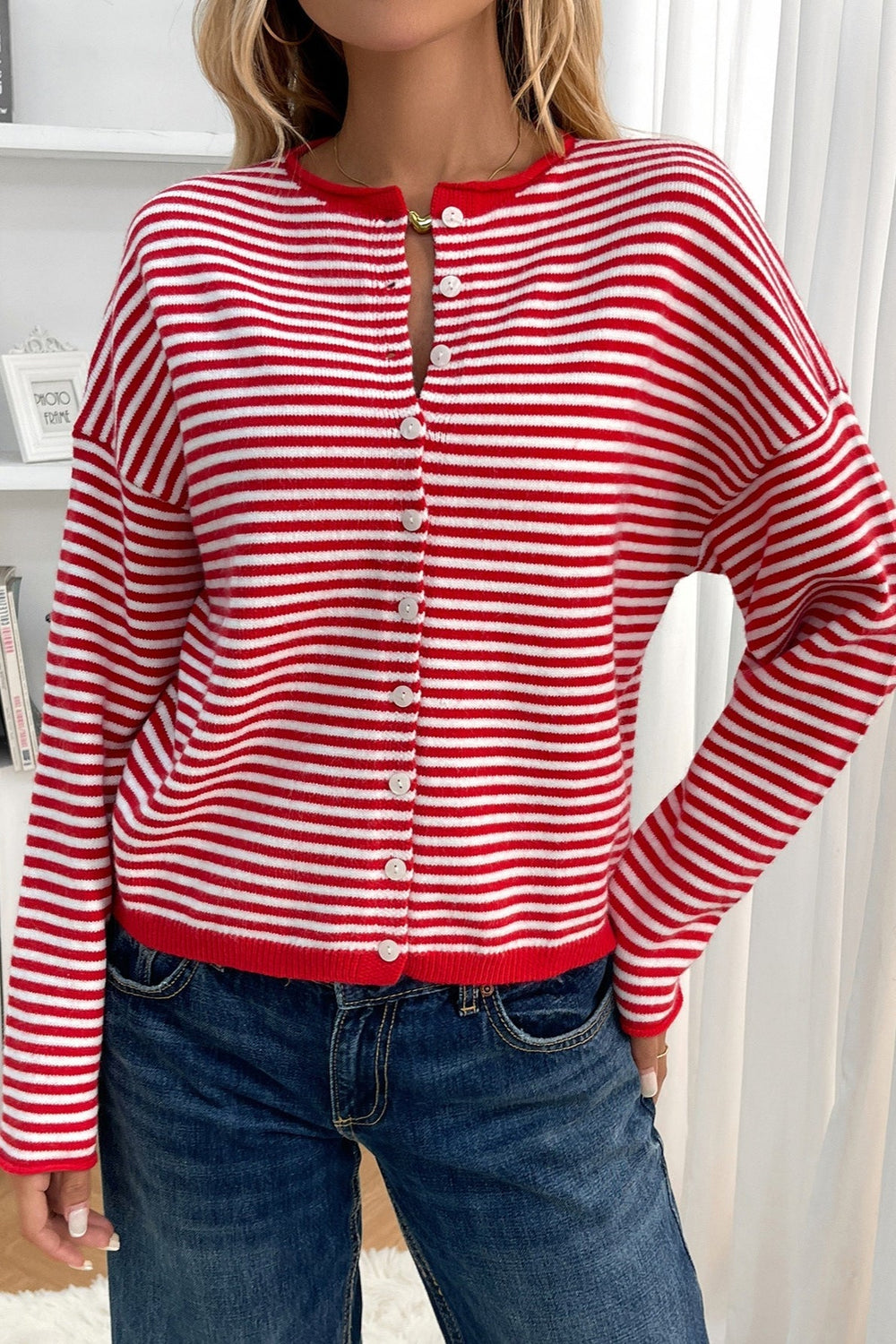 Striped Knit Round Neck Cardigan S / Red