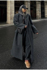 Wool Stripe Notch Collar Long Overcoat