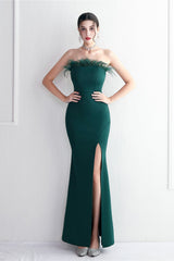 Elegant Feather Trim Strapless Formal Dress