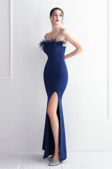 Elegant Feather Trim Strapless Formal Dress