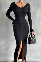 V-Neck Bodycon Knit Sweater Dress S / Black