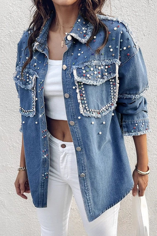 Beaded Contrast Denim Long Sleeve Coat Blue / S coats