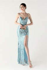 Sequin V Neck Cross Strap Mermaid Maxi Dress