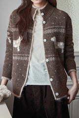 Vintage Stand Collar Puppy Print Jacquard Sweater