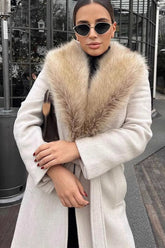 Elegant Wool Blend Long Fur Collar Overcoat