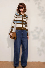 Striped Knit Turn down Collar Cardigan