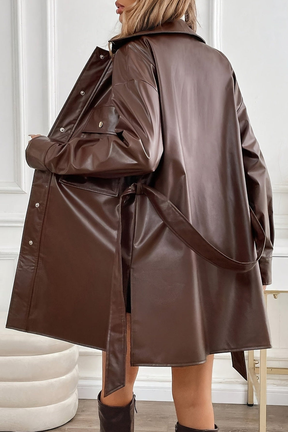Mid Length Windproof PU Belted Coat coats