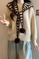 Striped Shawl Collar Pom Pom Solid Sweater