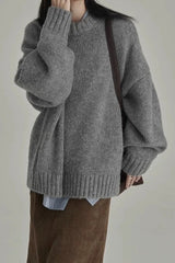 Minimalist Retro Crewneck Solid Color Loose Fit Knit Sweater