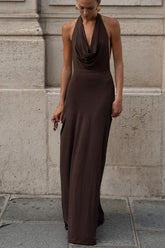 Brown Halter Backless Maxi Party Dress S / Brown