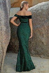 Sequin Off Shoulder Slit Formal Dress