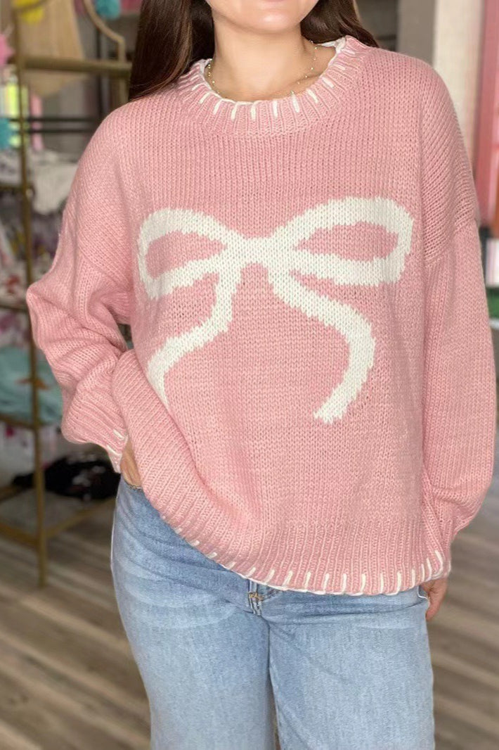 Bow Jacquard Knit Pullover Sweater Pink / S