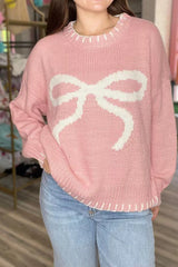 Bow Jacquard Knit Pullover Sweater Pink / S