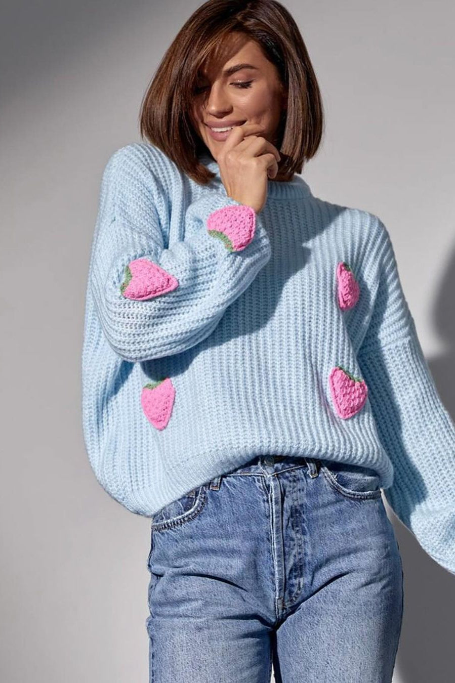 Strawberry Appliqué Chunky Knit Sweater