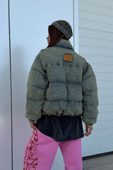 Vintage Washed Cross Embroidery Puffer Jacket