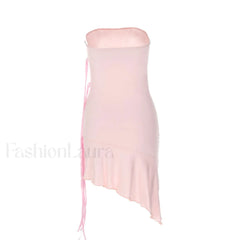 Adorable Solid Color Ribbon trim Ruffle Hem Strapless Mini Dress Pink Party Dresses L
