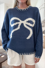 Bow Jacquard Knit Pullover Sweater