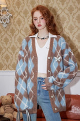 Relaxed Diamond Pattern Cardigan S / Blue