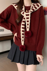 Striped Shawl Collar Pom Pom Solid Sweater