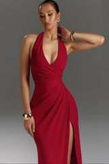 Ruched Halter Backless Party Dress S / Red