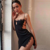 Alluring Eyelash Lace Trim Split Club Mini Dress Black S / Black Party Dresses L