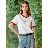 Animal Embroidery Contrast Cotton T Shirt Beige / S