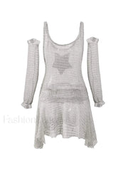 Arm Gloves Hollow Out Star Crochet Knit Mini Dress Mini Dresses