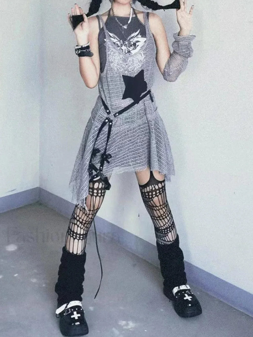 Arm Gloves Hollow Out Star Crochet Knit Mini Dress Gray / S Mini Dresses