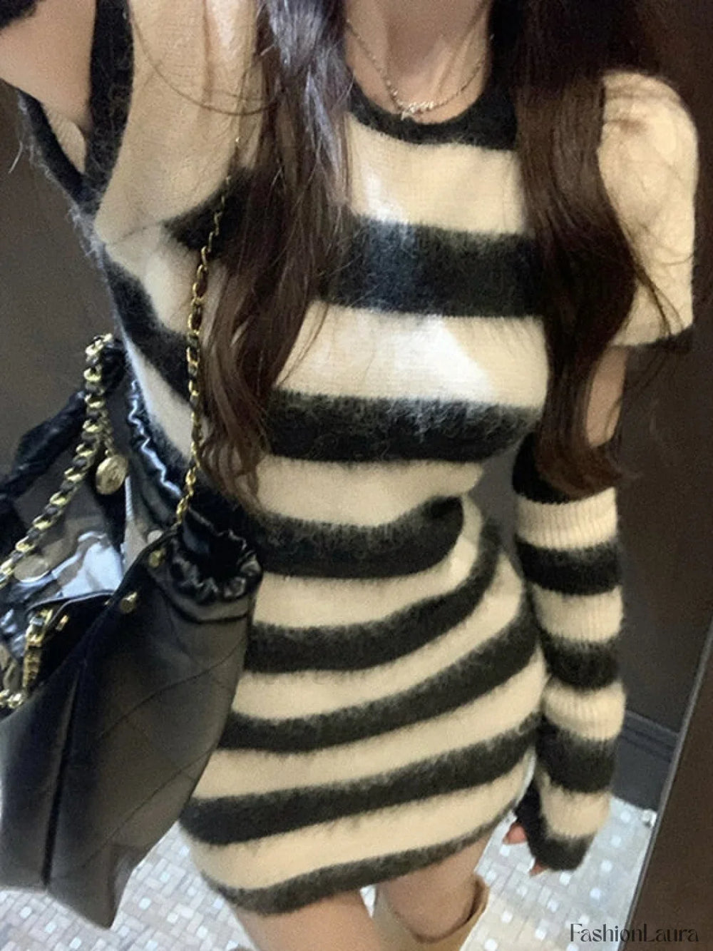 Arm Warmer Striped Fuzzy Knit Mini Dress Black / M Mini Dresses