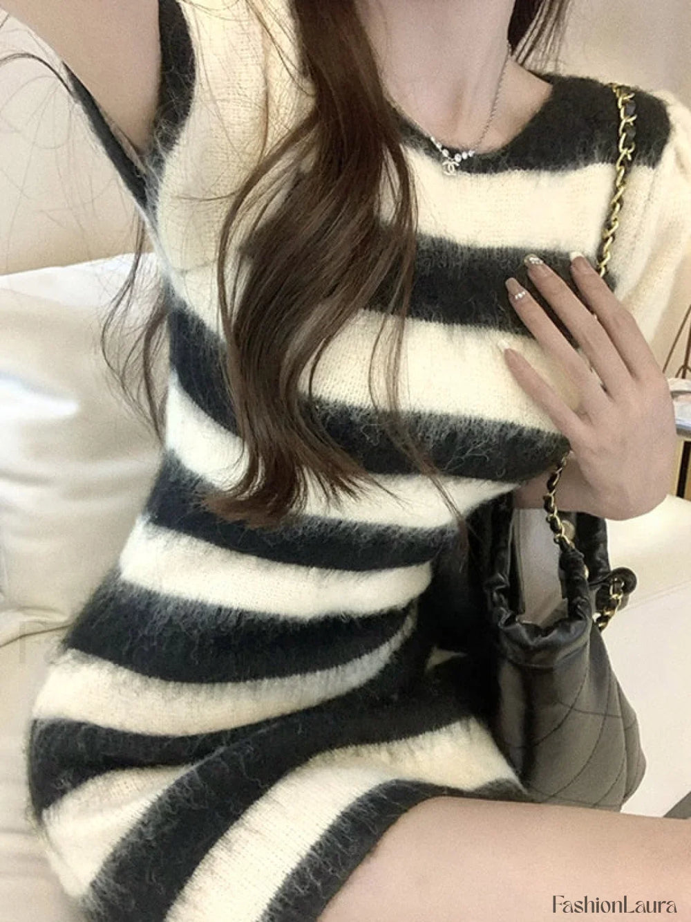 Arm Warmer Striped Fuzzy Knit Mini Dress Black / M Mini Dresses