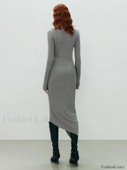 Asymmetrical Draped Cutout Crew Neck Classic Long Sleeve Midi Knit Dress Knit Dresses