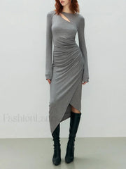 Asymmetrical Draped Cutout Crew Neck Classic Long Sleeve Midi Knit Dress Grey / XS Knit Dresses