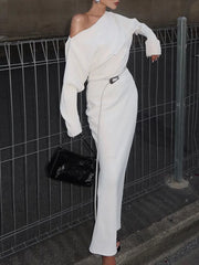 Asymmetrical Off Shoulder Solid Modern Long Sleeve Maxi Dress Dresses