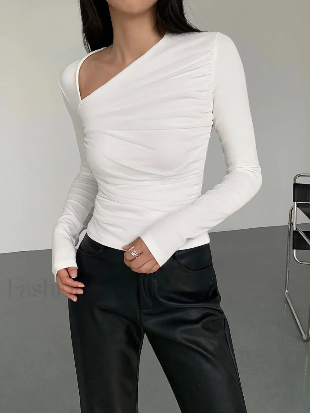 Asymmetrical Patchwork Ribbed Trendy Knit Ruched Mesh Top T Shirts