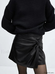 Asymmetrical Pleated Twisted Trendy Faux Leather Mini Skirt Black / XS Skirts