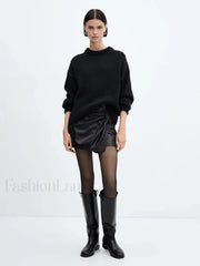 Asymmetrical Pleated Twisted Trendy Faux Leather Mini Skirt Skirts