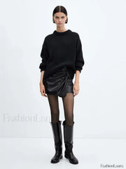 Asymmetrical Pleated Twisted Trendy Faux Leather Mini Skirt Skirts