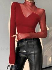 Asymmetrical Sheer Mesh Panel T Shirt Red / XS T Shirts