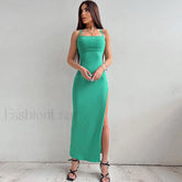 Attractive Ribbed Square Neck Lace Up Thigh Slit Maxi Dress Teal Green S / Teal Green Party Dresses L