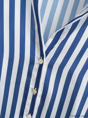 Autumn Lapel Blue White Striped Satin Single Breasted Loose Tops Blouse