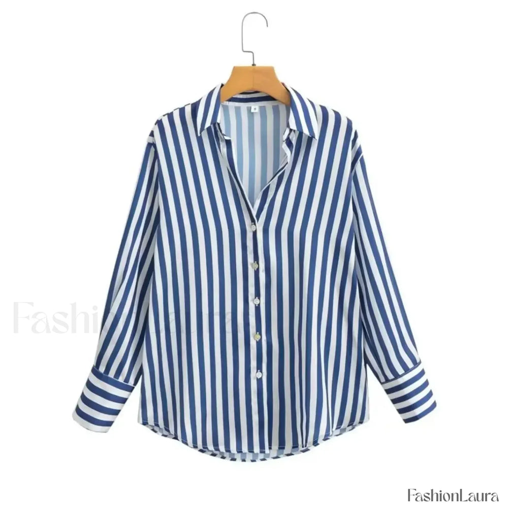 Autumn Lapel Blue White Striped Satin Single Breasted Loose Tops Blouse Blue / XS